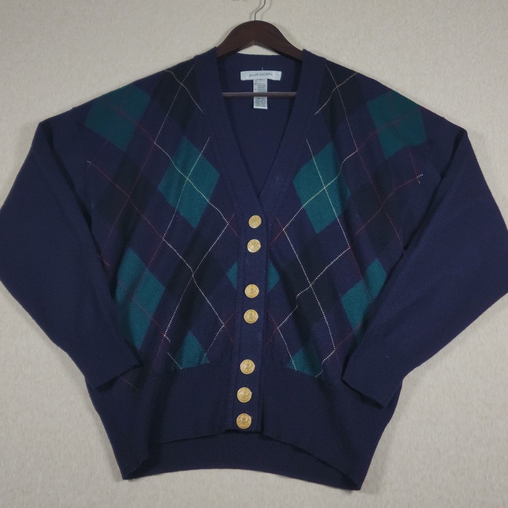 Argyle Cardigan Sweater Womens Medium Navy Gold Button Lambswool Dark Academia